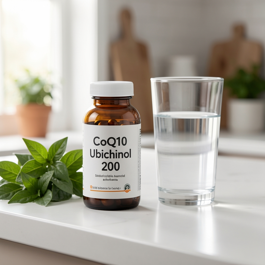 CoQ10 Ubichinol 200 sobre una superficie de cocina clara junto a un vaso de agua y hojas verdes