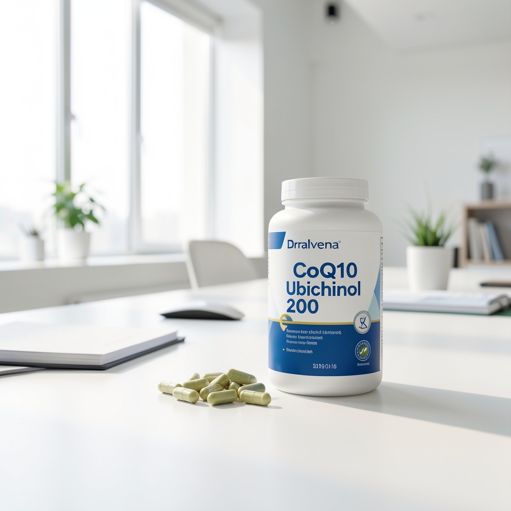 Envase blanco y azul de CoQ10 Ubichinol 200 de Dralvena junto a cápsulas vegetales sobre mesa luminosa